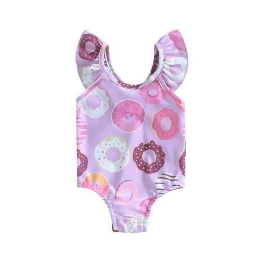 Meisjes paarse eendelige zwemkleding voor de kleinsten met een print van kleurrijke donuts en gerimpelde volantmouwen met uitgesneden rug