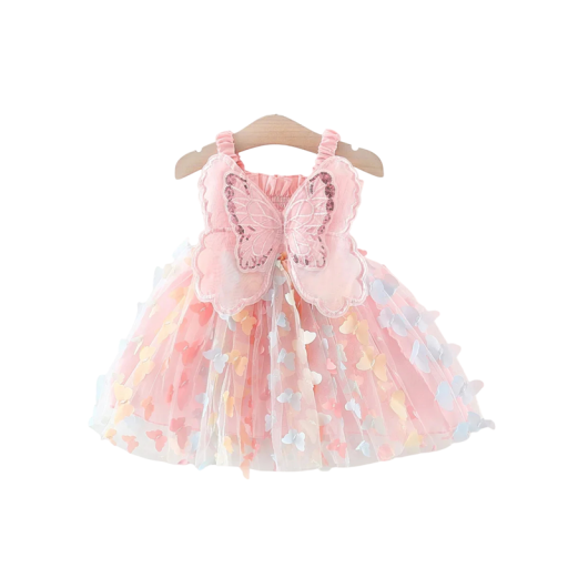 Meisjes zomerkleedjes met vlindervleugels en 3D vlinders op schouderbandjes met tule rok voor de kleinsten voor feesten en fotoshoots in het roze