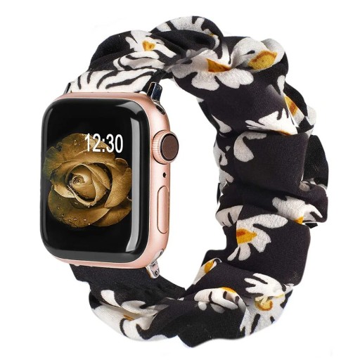 Měkký černý elastický řemínek s bílými květy S 119–160 mm pro Apple Watch 38 40 41 mm Series 1–9 SE SE2 Pružný pohodlný pásek