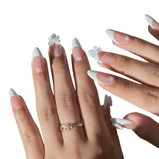 Mellemlange mandelformede kunstige negle 24 stk. Klæbende franske tips med fuld dækning 3D sløjfer og perler Akryl manicure DIY til kvinder