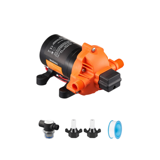 Membránové čerpadlo 12 V s příkonem 104 W a tlakem 50 PSI s průtokem 13,25 l za minutu o rozměrech 210 x 138 x 125 mm v oranžové barvě
