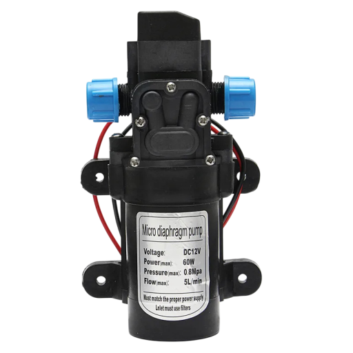Membránové čerpadlo na vodu 12 V s příkonem 60 W a tlakem 120 PSI s průtokem 5 l za minutu o rozměrech 162 x 96 mm v černo-modré barvě