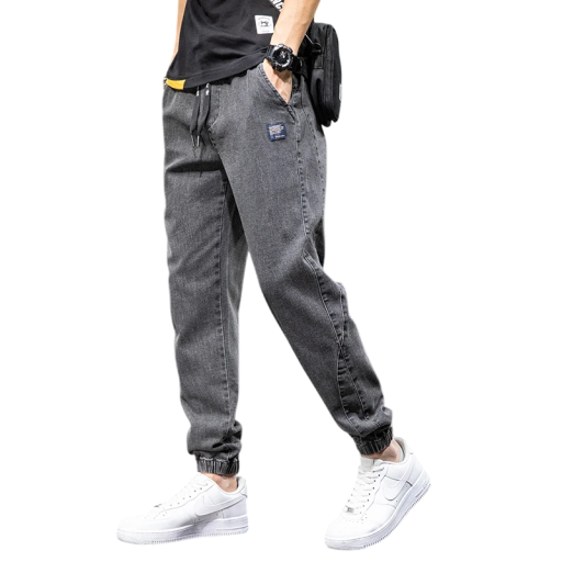 Men's Baggy Cargo Jeans Streetwear Style Elastic Waist with Drawstrings Multiple Pockets Loose Trousers Elastic Cuffs