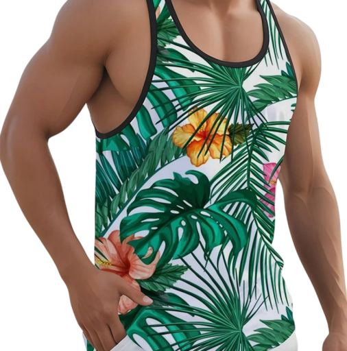 Men's Beach Vest Polyester Material O-Neck Print of Beach Plants Summer Colourful Design Lightweight Straight Cut