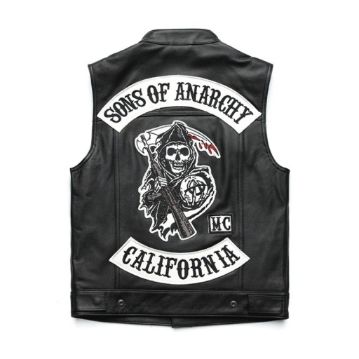 Men's Biker Vest with Grim Reaper Print and Sons of Anarchy Text PU Leather Black for Riding and Biker Style