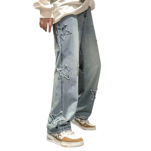 Men's Loose Jeans with Star Embroidery Casual Trousers Straight Cut Wide Long Legs Stylish Jeans Streetwear Comfortable Jeans