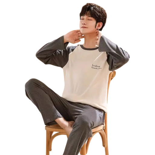 Men's Pyjama Long Sleeve and Trousers O Neck Polyester Spandex White Grey Pyjama with Print on the Chest