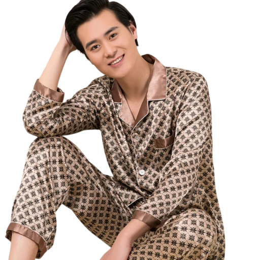 Men's Pyjama Long Sleeve and Trousers with Collar Button Fastening Pocket Polyester Dusty Pink with Ornaments