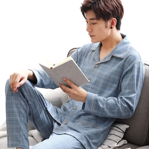 Men's Pyjama Long Sleeve Top and Trousers Checkered Blue Button Closure Collar Two-Piece Set Cotton