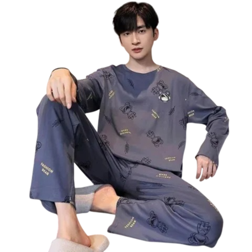 Men's Pyjama Long Sleeve Top and Trousers with Print Polyester Grey Patterned Comfortable Sleepwear and Loungewear