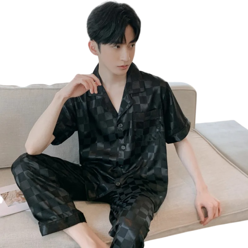 Men's Pyjama Short Sleeve and Shorts with Collar Button Fastening Pocket Polyester Black with Ornaments