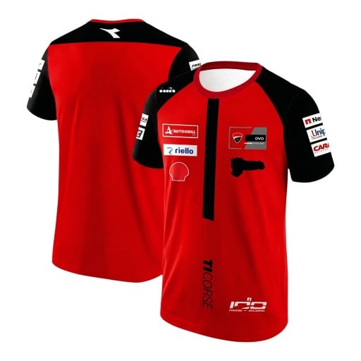 Men's Red T-Shirt with Short Black Sleeves in Motorcycle Racing Jersey Style for Motorcycle and Road Racing Fans