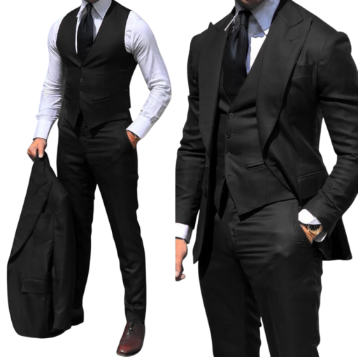 Men's Set of Cotton, Polyester and Wool Elegant Suit Set with Jacket, Waistcoat and Trousers for Men Plain Formal Suit with Pockets and Buttons in Various Colours