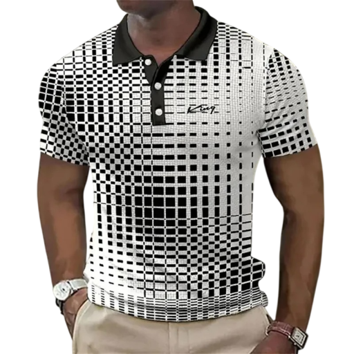 Men's Short Sleeve Polo Shirt Fine Pattern Button Fastening Collar Lightweight Polyester Stylish Shirt for Everyday Wear