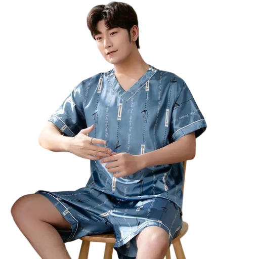 Men's Short Sleeve Pyjama with Shorts Lightweight Material Polyester Elastane Blue Home Wear and Sleep