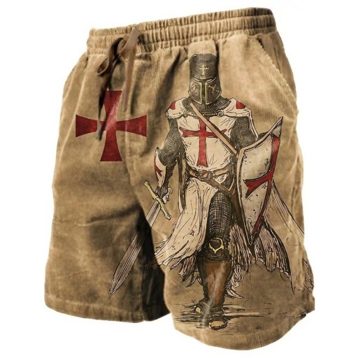 Men's Shorts Swimwear Polyester Brown Knight Motif with Red Cross Drawstring with Pockets Summer Beach