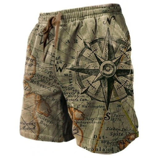 Men's Swim Shorts Polyester Green Compass Design With Drawstring And Pockets Summer Beach And Pool