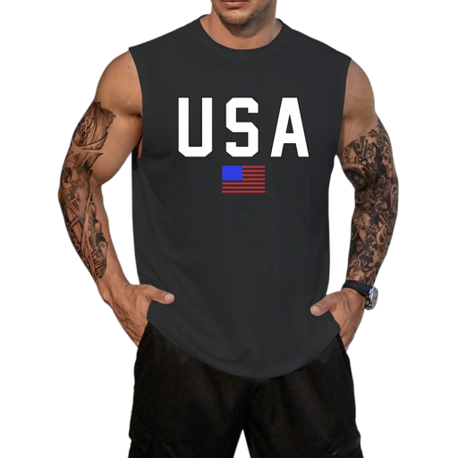 Men's Tank Top with Round Neck and American Flag Print and USA Text Polyester Lightweight Summer Top for Sports and Leisure