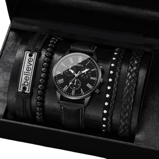 Men's Watch Set with Leather Strap Black Colour 3 Leather Bracelets Pendant Believe 1 Beaded Bracelet Stylish Gift