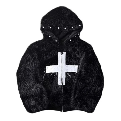 Men's Winter Coat Black Artificial Fur Windproof Design With Hood Zip Fastening Polyester Coat with Cross on the Chest Warm Winter Coat