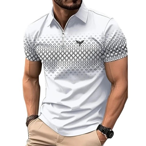 Men's Zip Polo Shirt with V-Neck and Collar Short Sleeve Plain with Subtle Pattern Print on Chest Polyester