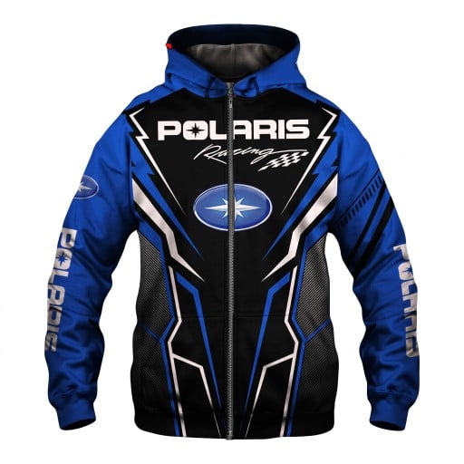 Men's Zip-Up Hoodie with Hood and Long Sleeves Featuring All-Over Print of Sharp Lines in Motorcycle Racing Style Black and Blue