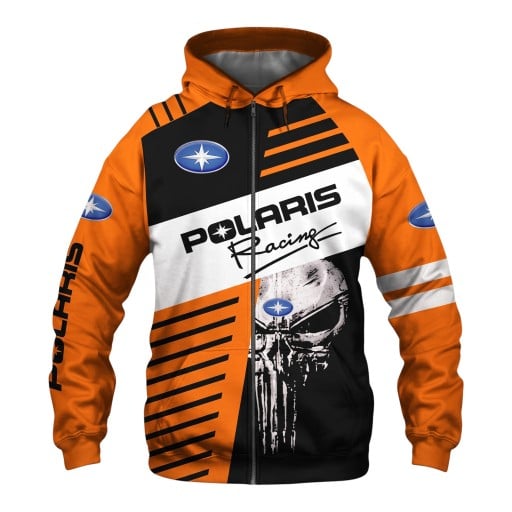 Men's Zip-Up Hoodie with Hood and Long Sleeves Featuring Skull Print and Black Stripes on the Front in Biker Style Orange