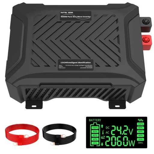 Měnič napětí s čistou sinusovou vlnou 12 V i 24 V výstup AC 220-240 V špičkový výkon 4000 W LCD displej černý do auta a na chatu