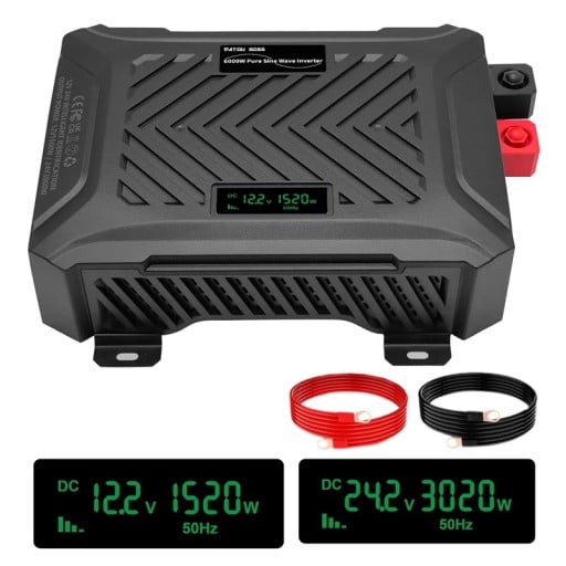 Měnič napětí s čistou sinusovou vlnou 12 V i 24 V výstup AC 220-240 V špičkový výkon 6000 W LCD displej černý do auta a na chatu
