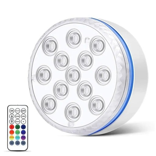 Merülő LED fény vízbe 8,5 cm IP68 Színes RGB világítás távirányítóval medencéhez, tóhoz, akváriumhoz