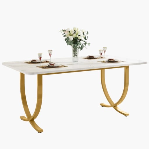 Mesa de comedor 160 x 80 x 75 cm Tabla blanca con esquinas redondeadas Patas doradas en forma de arco cruzadas en forma de X con bases planas