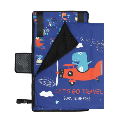 Mesa de viaje para niños en avión 79 x 44 cm Azul con patrón de aviones Mesa plegable de tela Oxford para diversión en los viajes