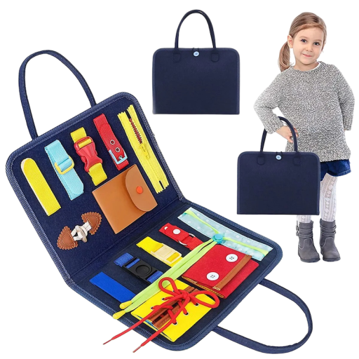 Mesa educativa infantil Montessori Estuche educativo con cierre y apertura de cremalleras y botones color azul oscuro