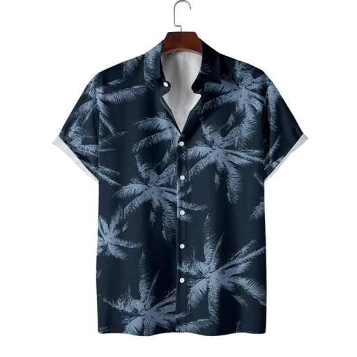 Męska koszula z krótkim rękawem Palm Print Zapięcie na guziki Dekolt w serek Letni styl Poliester i spandex