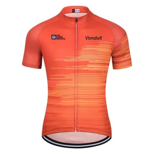 Męska koszulka rowerowa sportowa z krótkim rękawem na zamek z 3 tylnymi kieszeniami do jazdy na rowerze i sportu, pomarańczowa
