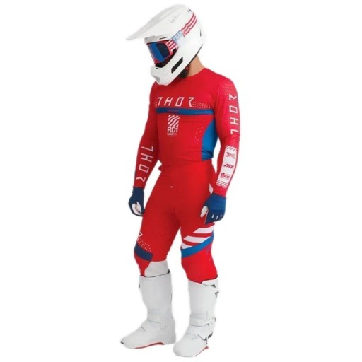 Męski czerwony zestaw motokrosowy Thor – koszulka z długim rękawem i spodnie z poliestru i nylonu, do motokrosu, enduro i terenu
