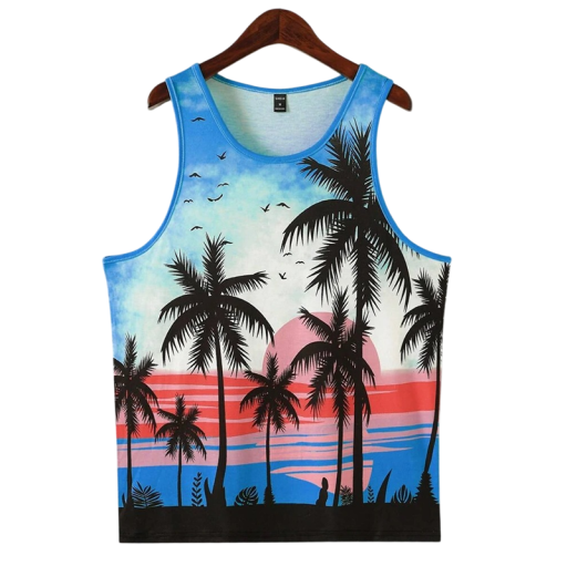 Męskie plażowe tank topy Materiał poliestrowy Okrągły dekolt Motyw palm i plaży Letni kolorowy design Lekki krój