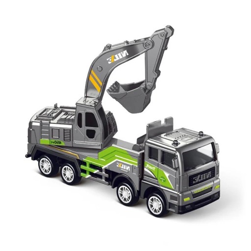 Metaalmodel van een vrachtwagen met een graafmachine Realistische bouwminiatuur Gedetailleerde metalen uitvoering