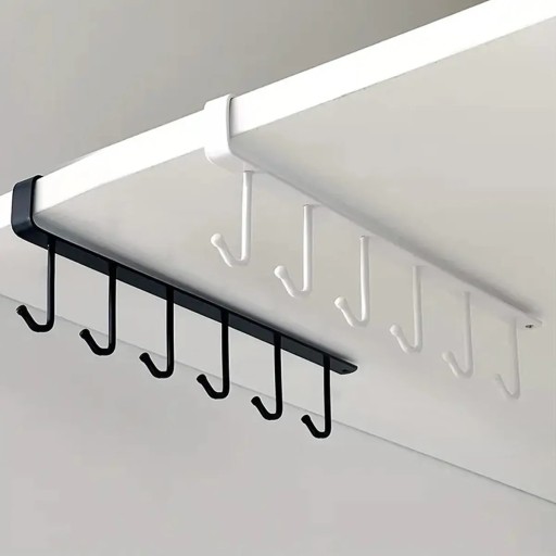 Metalen hangrek met 6 haken voor in de kast of onder een plank ijzeren houder voor mokken riemen en keukengerei zwarte organizer