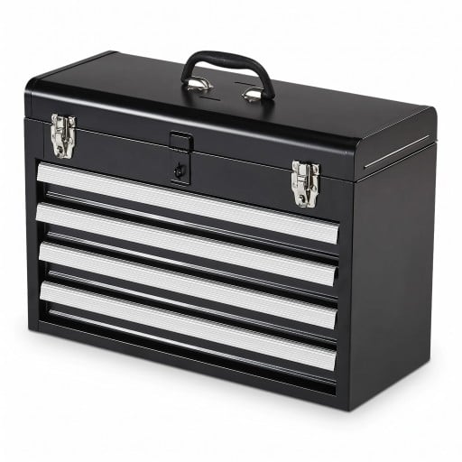 Metalowa szafka na narzędzia z 4 szufladami i górnym pudełkiem Zabezpieczona przenośna z uchwytem 52 x 21,8 x 36,1 cm Stalowa czarna Organizator