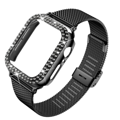 Metalowy pasek ze stali nierdzewnej z etui i kamieniami do Apple Watch Series 7 8 41 mm Elegancki solidny pasek z ochronnym etui na zegarek