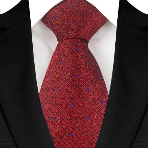 Μεταξωτή κόκκινη γραβάτα με μπλε πουά 145 x 8 εκ. Πολυτελής ανδρική γραβάτα Κομψό αξεσουάρ Ποιοτικό μετάξι για επαγγελματικές και κοινωνικές