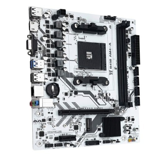 Μητρική πλακέτα 220 x 200 mm με υποδοχή AM4 και chipset B450 για επεξεργαστές AMD Ryzen με υποστήριξη DDR4 έως 64 GB και M.2 NVMe σε λευκό χρώμα