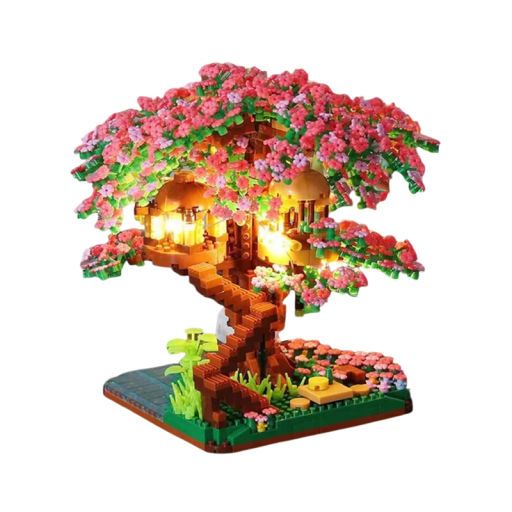 Micro costruzione espansa Casa sull'albero con sakura 16 x 5.9 x 15 cm Paesaggio cinese creativo con luce LED Modello decorativo con fiori di ciliegio