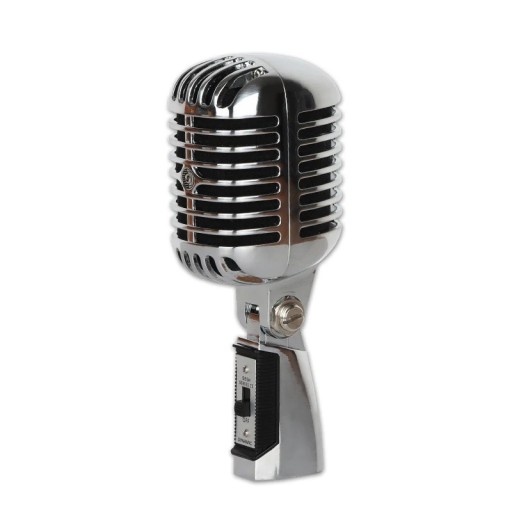 Micrófono vocal dinámico de diseño retro con característica cardioide y cuerpo metálico.