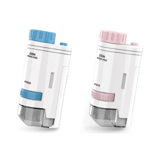 Microscop portabil pentru copii cu mărire 60–200x și iluminare LED, roz sau albastru