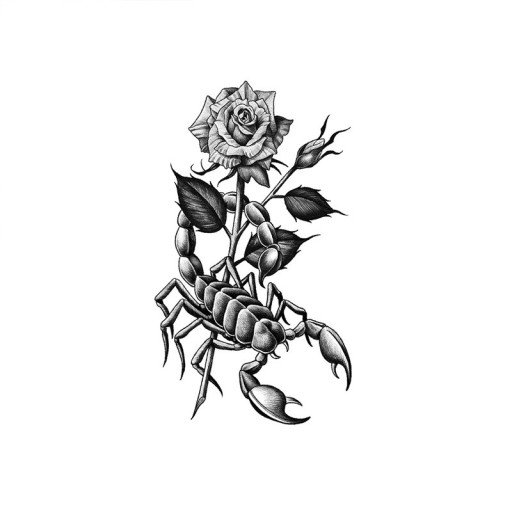 Midlertidig vandtæt tatovering 11,5 x 21 cm Skorpion med rose Moderne realistisk motiv Holder op til 15 dage Nem påføring Kropstatovering