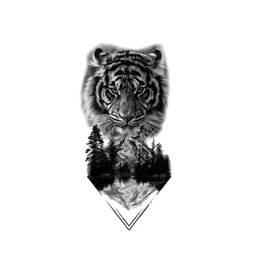 Midlertidig vandtæt tatovering 11,5 x 21 cm Tiger, bjerg og sø Realistisk naturmotiv Holder op til 15 dage Nem påføring Kropstatovering