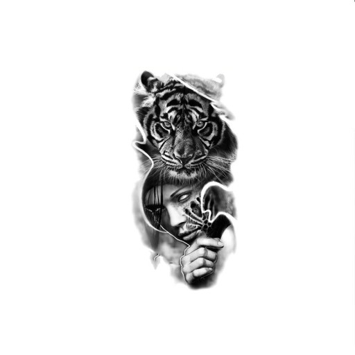Midlertidig vandtæt tatovering 11,5 x 21 cm Tiger med kvinde Moderne realistisk motiv Holder op til 15 dage Nem påføring Kropstatovering