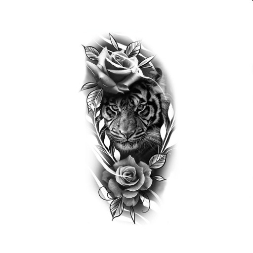 Midlertidig vandtæt tatovering 11,5 x 21 cm Tiger og rose Moderne realistisk motiv Holder op til 15 dage Nem påføring Kropstatovering